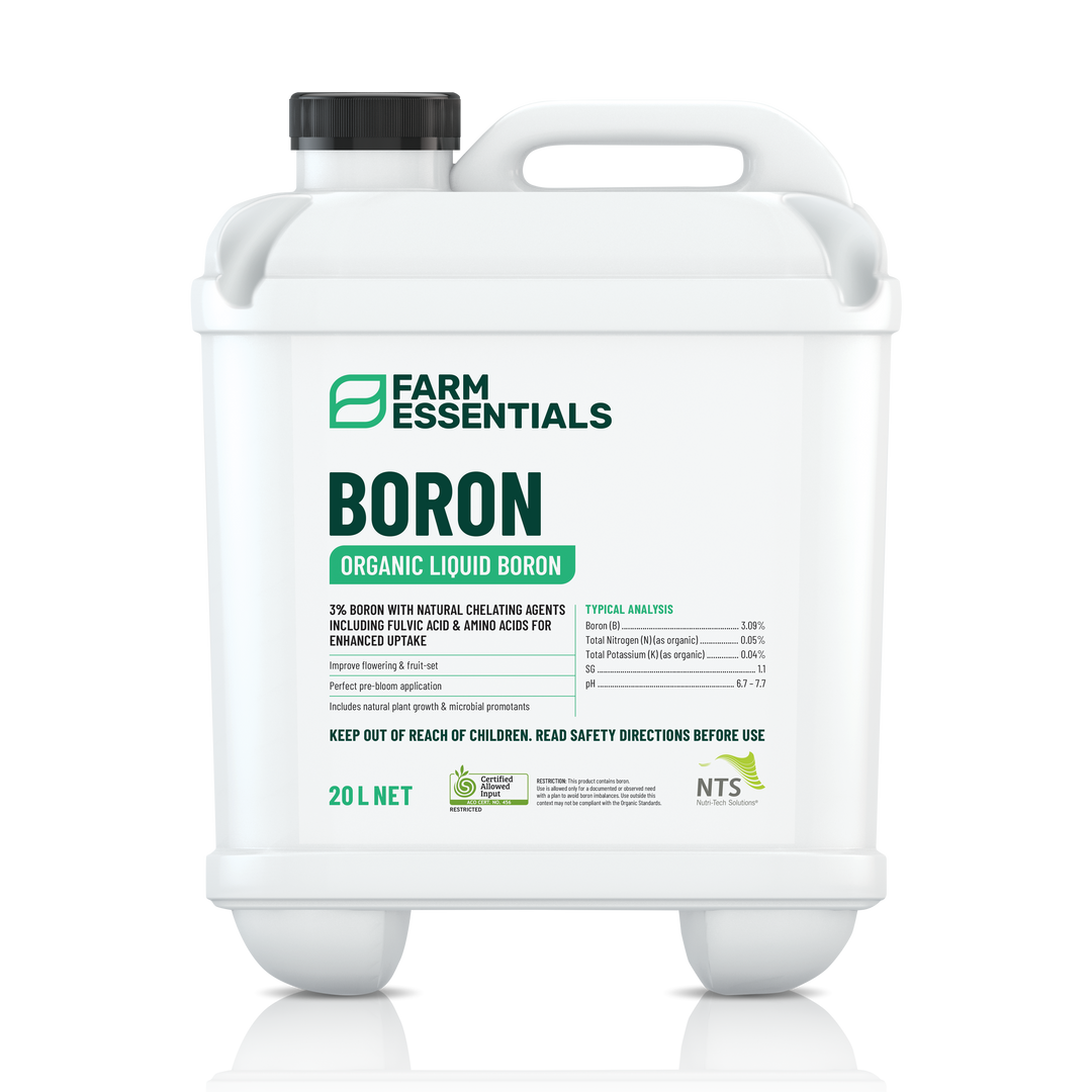 A photograph of NTS Boron Essentials organic liquid fertiliser in a 20 L container on transparent background
