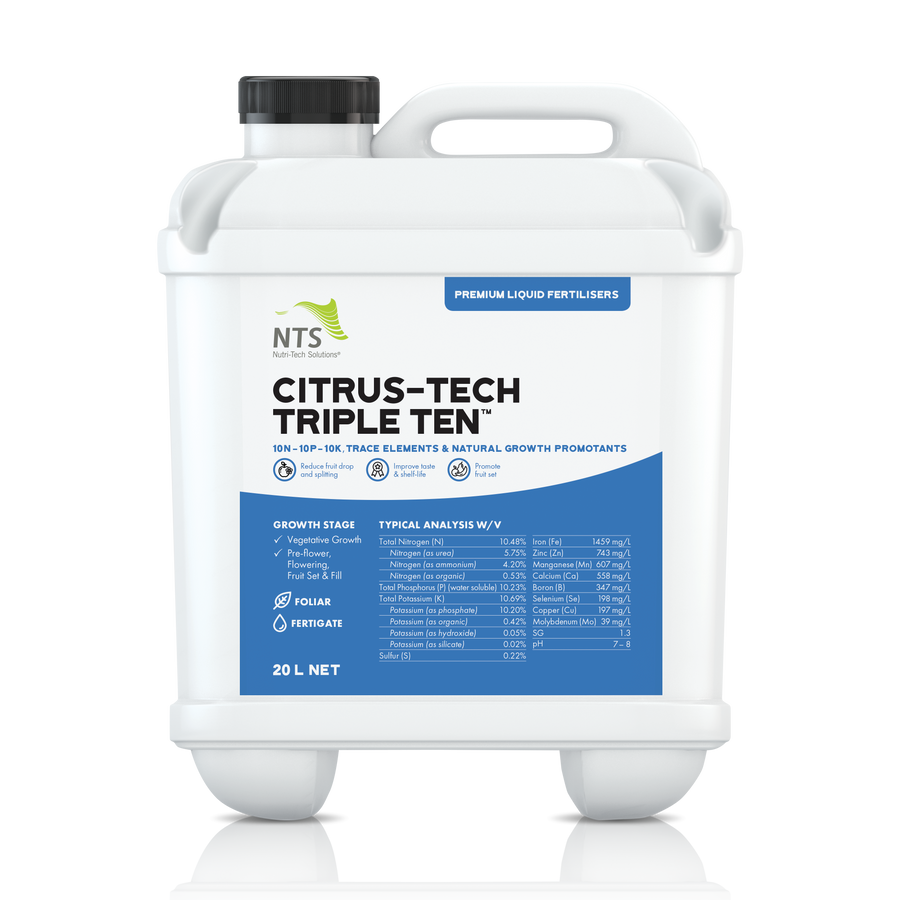 A photograph of NTS Citrus-Tech Triple Ten premium liquid fertiliser in 20 L container on transparent background.