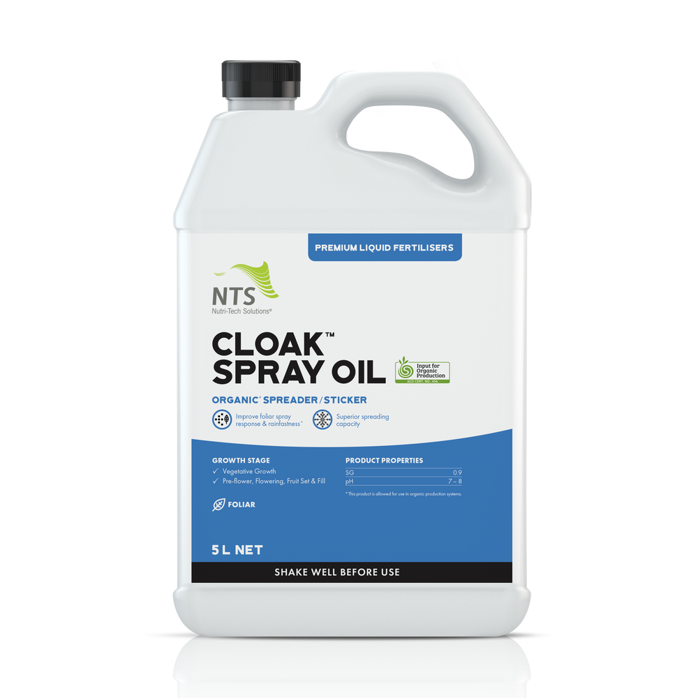 A photograph of NTS Cloak Spray Oil premium liquid fertiliser in a 5 L container on transparent background