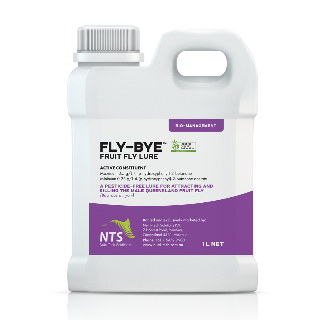A photograph of NTS Fly-Bye bio-management in 1 L container on transparent background.