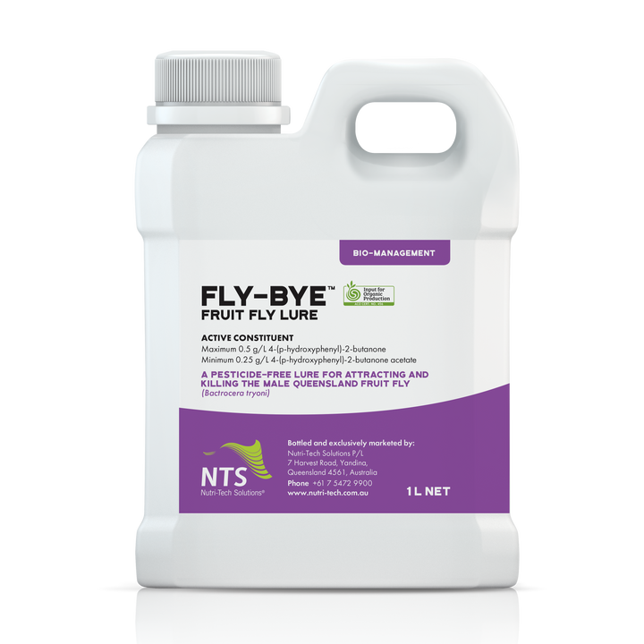 A photograph of NTS Fly-Bye bio-management in 1 L container on transparent background.