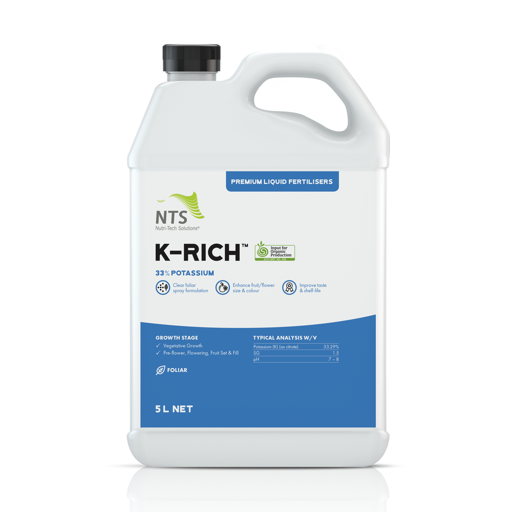 A photograph of NTS K-Rich premium liquid fertiliser in a 5 L container on transparent background