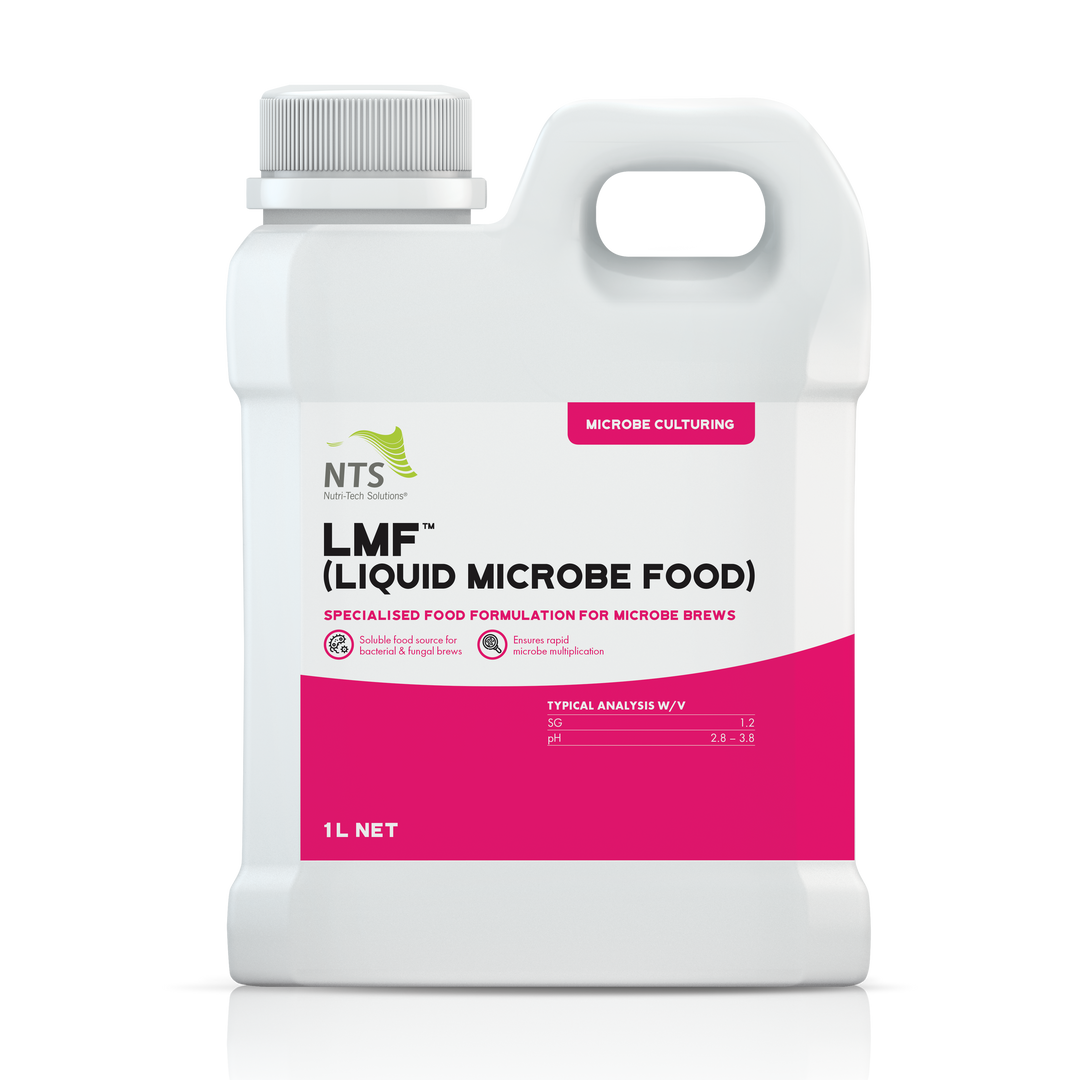 A photograph of NTS LMF Liquid Microbe Food in a 1 L container on transparent background