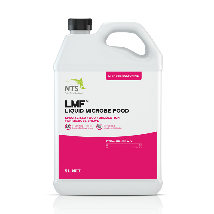 A photograph of NTS LMF Liquid Microbe Food in a 5 L container on transparent background