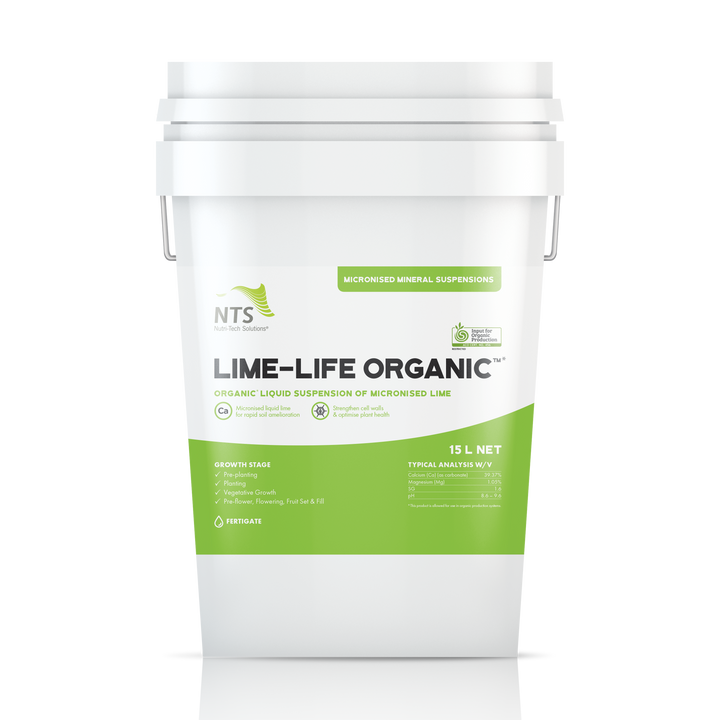 A photograph of NTS Lime-Life Organic MMS micronised mineral suspension fertiliser in a 20 L container on transparent background