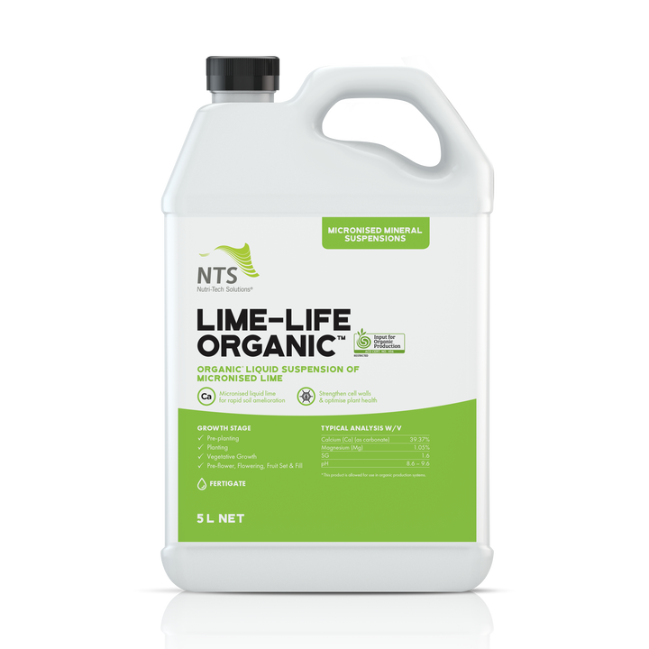 A photograph of NTS Lime-Life Organic MMS micronised mineral suspension fertiliser in a 5 L container on transparent background