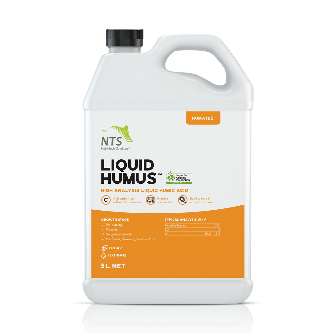 A photograph of NTS Liquid Humus fertiliser in a 5 L container on transparent backgrouns