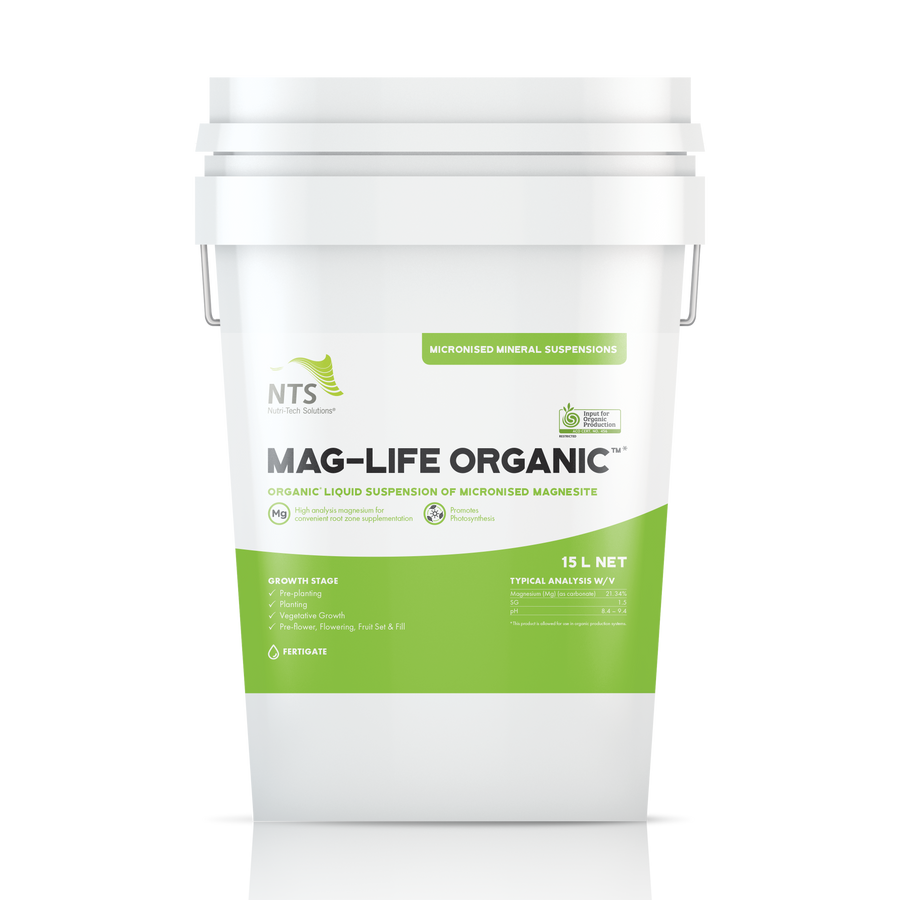 A photograph of NTS Mag-Life Organic MMS micronised mineral suspension fertiliser in a 15 L container on transparent background
