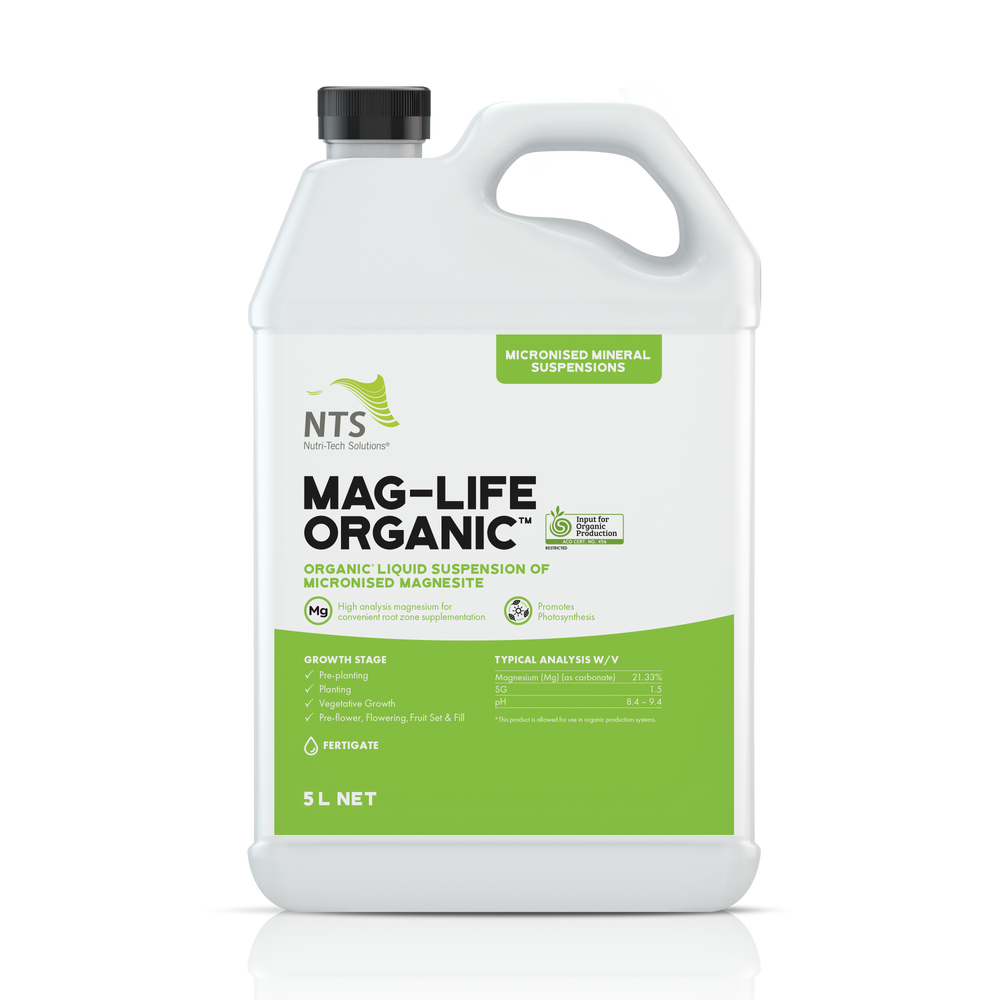 A photograph of NTS Mag-Life Organic MMS micronised mineral suspension fertiliser in a 5 L container on transparent background
