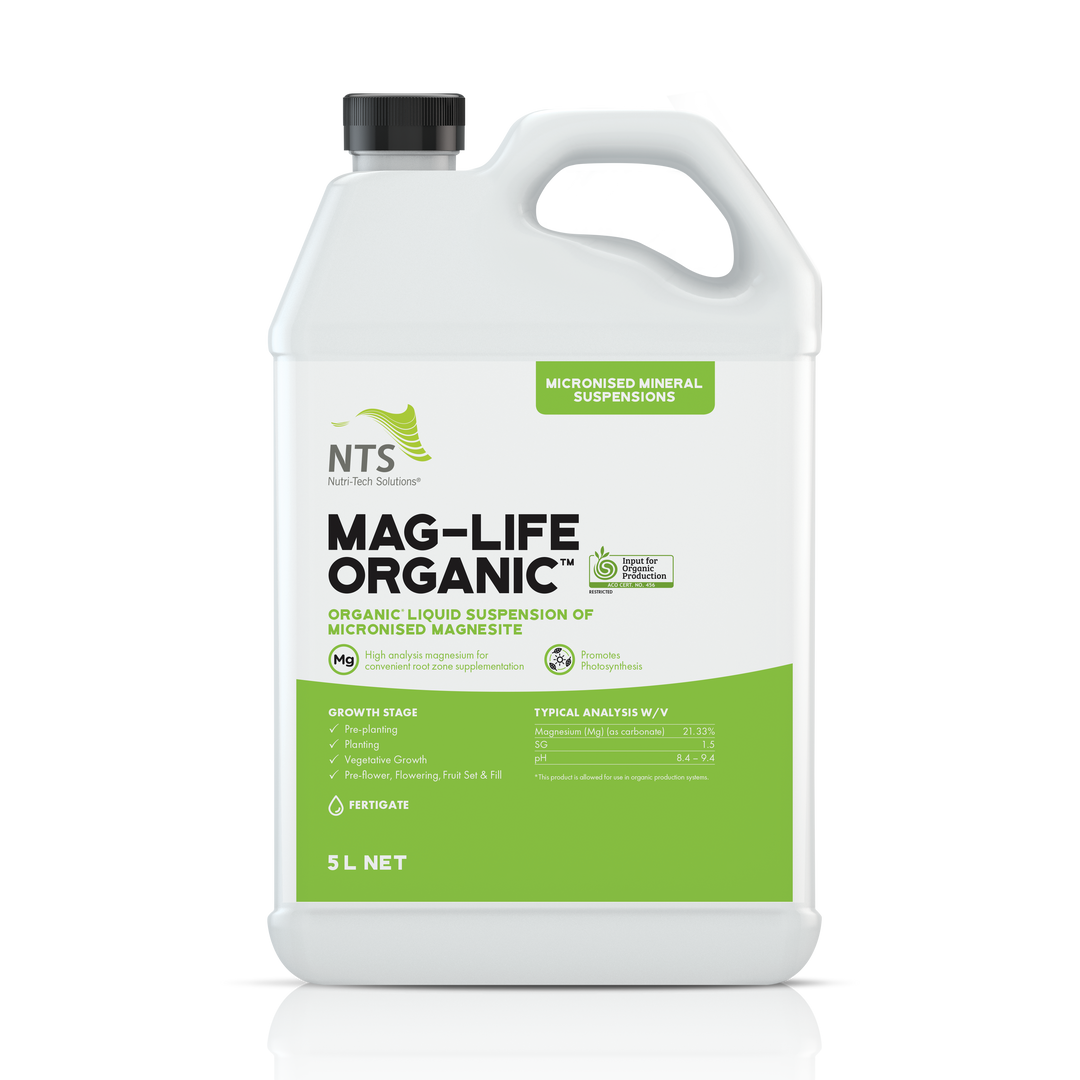 A photograph of NTS Mag-Life Organic MMS micronised mineral suspension fertiliser in a 5 L container on transparent background