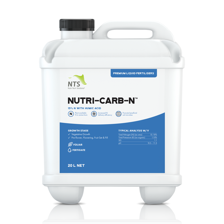 A photograph of NTS Nutri-Carb-N premium liquid fertiliser in 20 L container on transparent background.