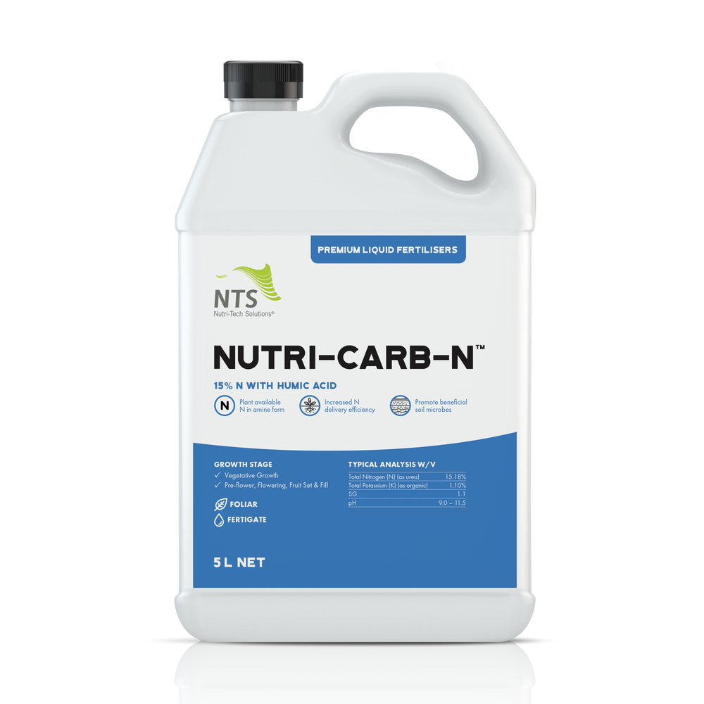  A photograph of NTS Nutri-Carb-N premium liquid fertiliser in 5 L container on transparent background.