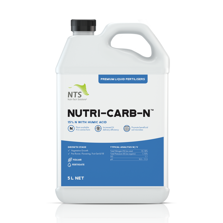 A photograph of NTS Nutri-Carb-N premium liquid fertiliser in 5 L container on transparent background.
