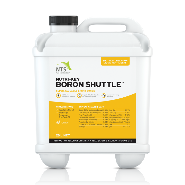 A photograph of NTS Nutri-Key Boron Shuttle chelation liquid fertiliser in a 20 L container on transparent background