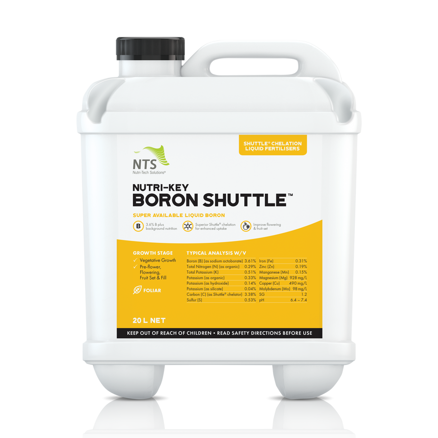 A photograph of NTS Nutri-Key Boron Shuttle chelation liquid fertiliser in a 20 L container on transparent background