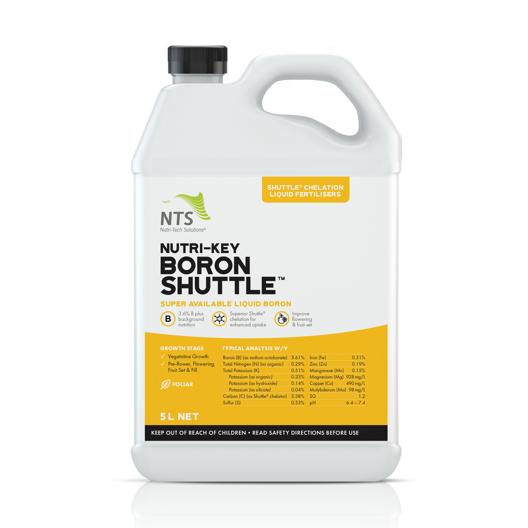 A photograph of NTS Nutri-Key Boron Shuttle chelation liquid fertiliser in a 5 L container on transparent background