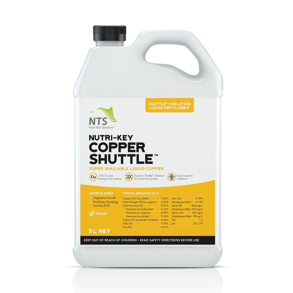 A photograph of NTS Nutri-Key Copper Shuttle chelation liquid fertiliser in a 5 L container on transparent background