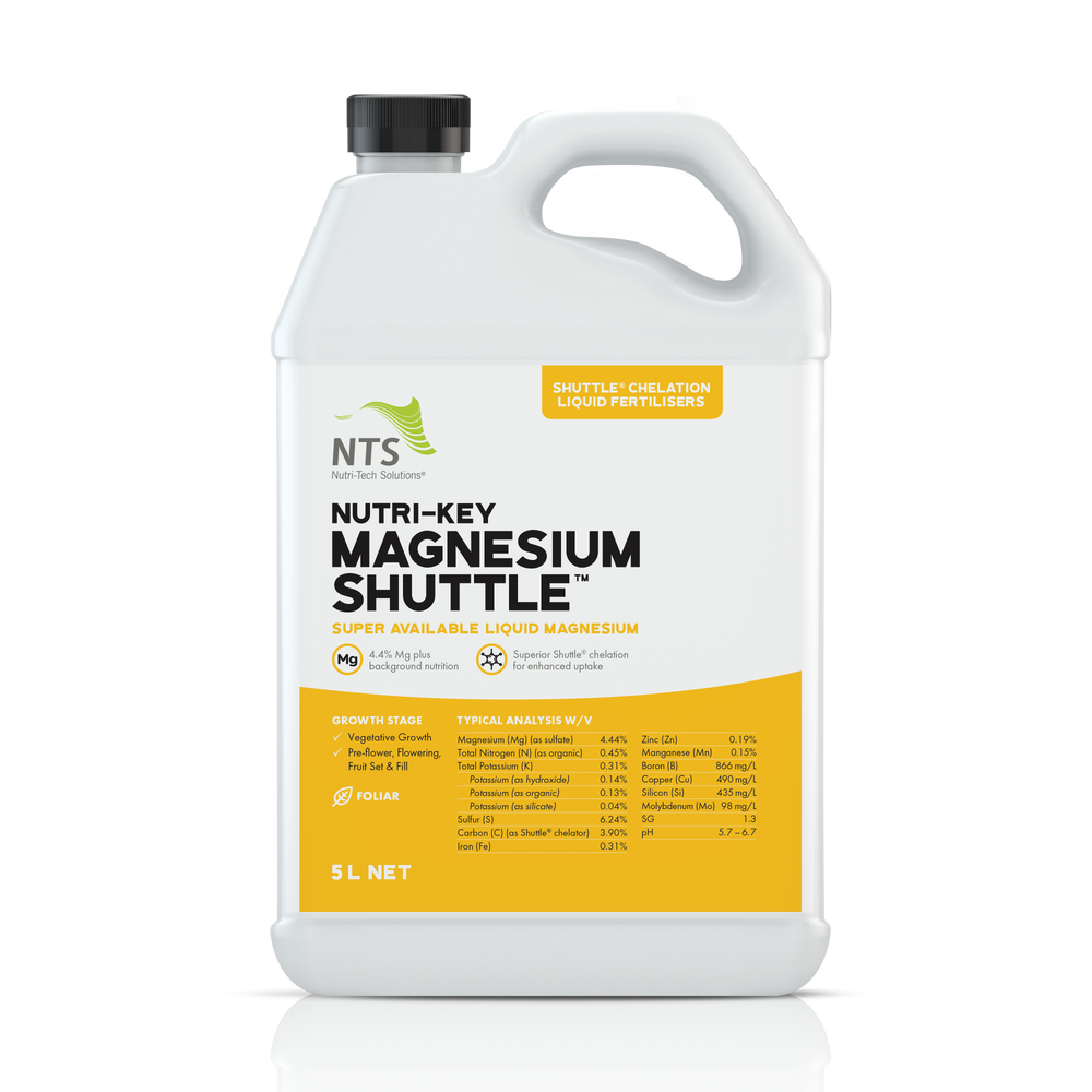 A photograph of NTS Nutri-Key Magnesium Shuttle chelation liquid fertiliser in a 5 L container on transparent background