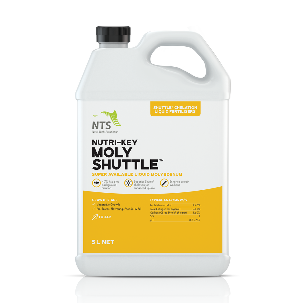 A photograph of NTS Nutri-Key Moly Shuttle chelation liquid fertiliser in a 5 L container on transparent background