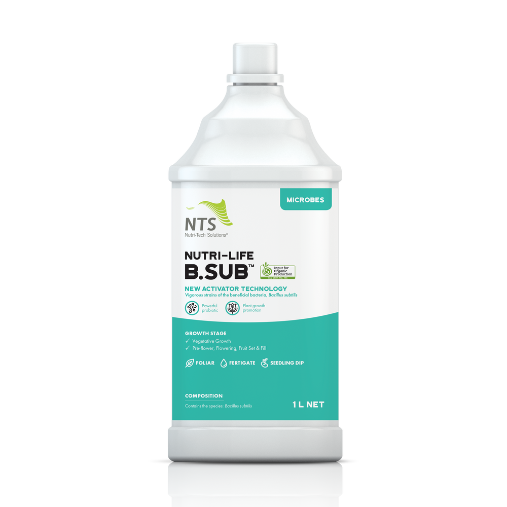 A photograph of NTS Nutri-Life B.Sub microbial fertiliser in 1 L container on transparent background