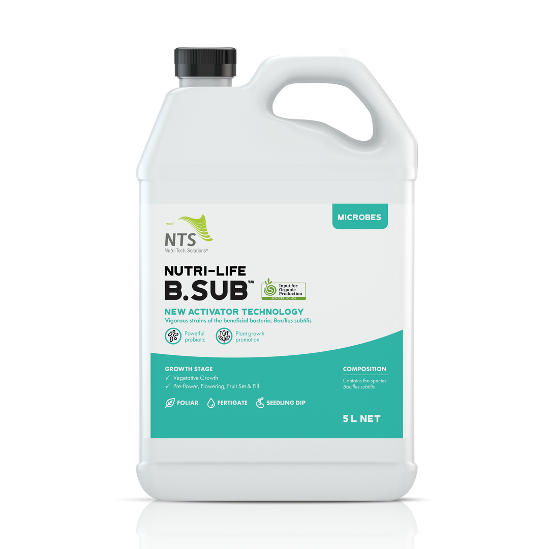 A photograph of NTS Nutri-Life B.Sub microbial fertiliser in 5 L container on transparent background