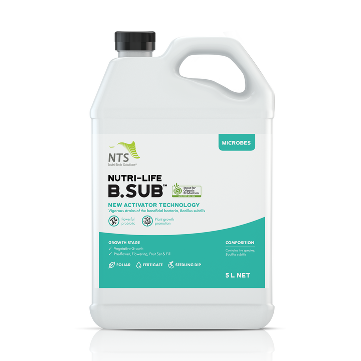 A photograph of NTS Nutri-Life B.Sub microbial fertiliser in 5 L container on transparent background