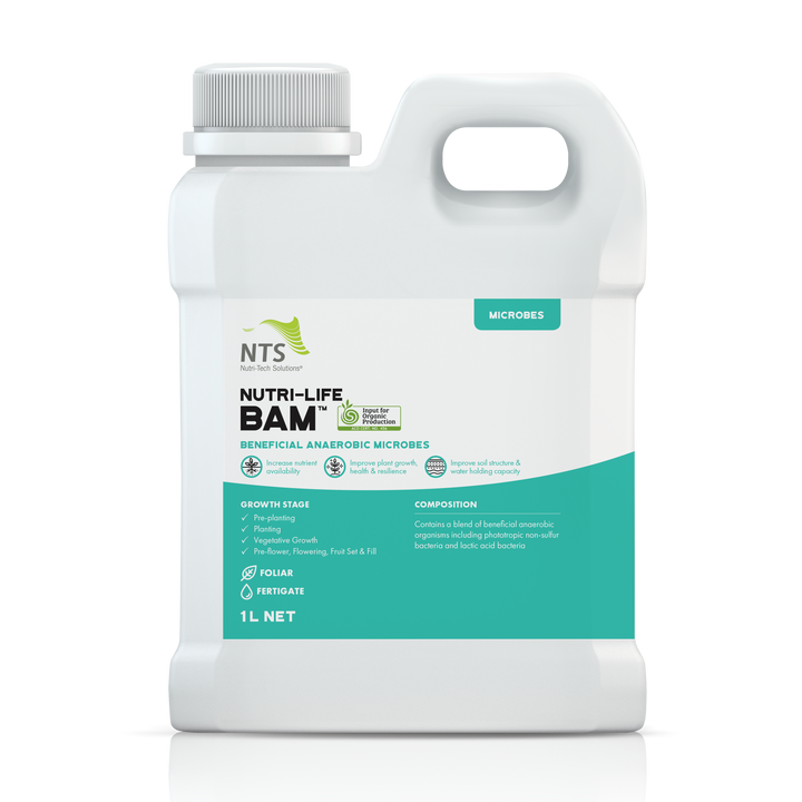 A photograph of NTS Nutri-Life BAM Beneficial Anaerobic Microbes microbial fertiliser in 1 L container on transparent background