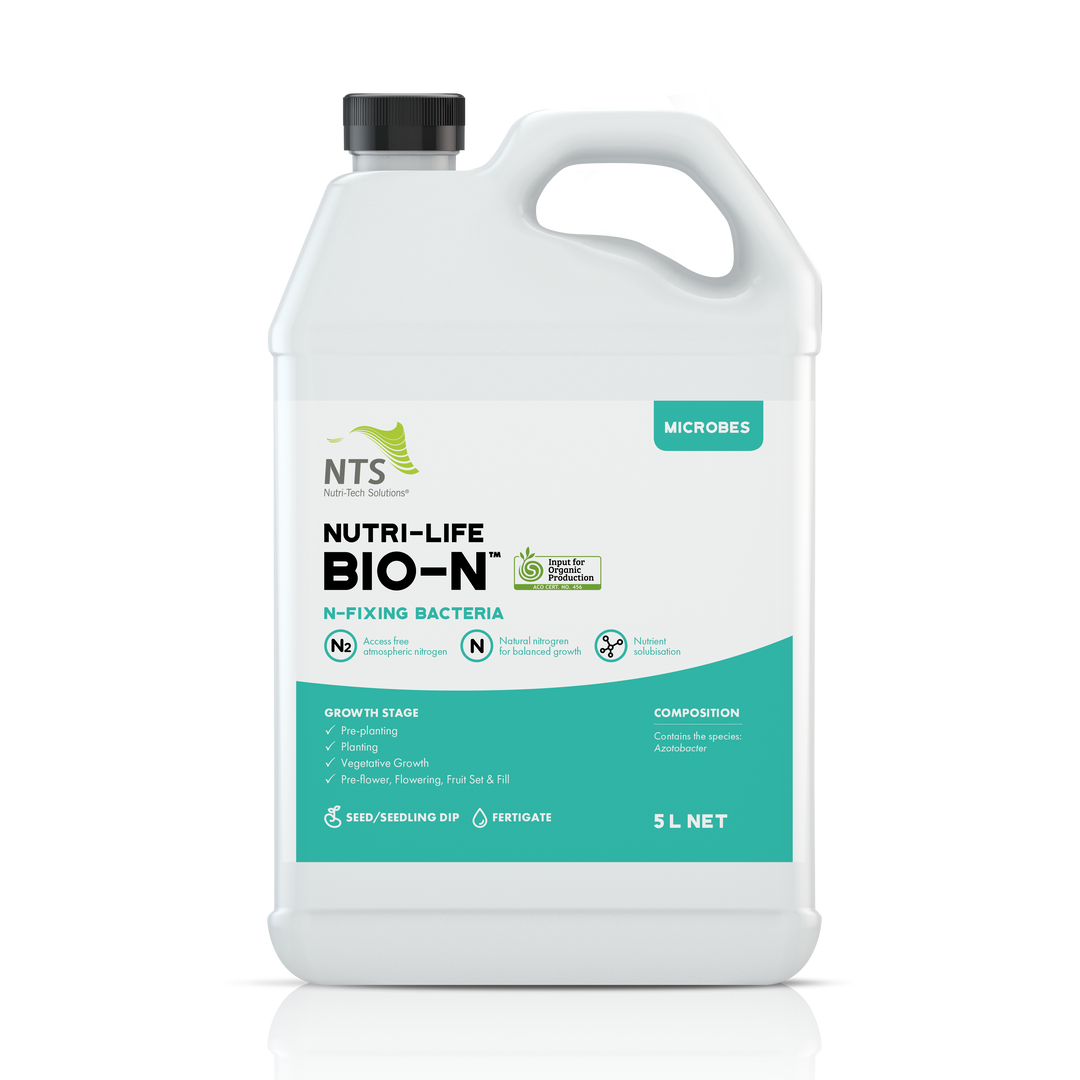 A photograph of NTS Nutri-Life Bio-N microbial fertiliser in 5 L container on transparent background