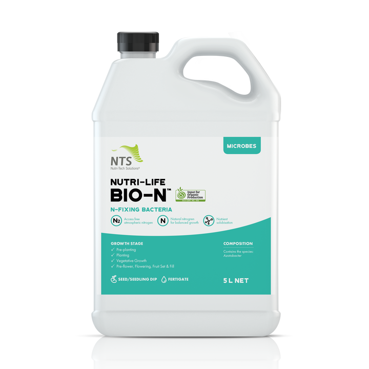A photograph of NTS Nutri-Life Bio-N microbial fertiliser in 5 L container on transparent background