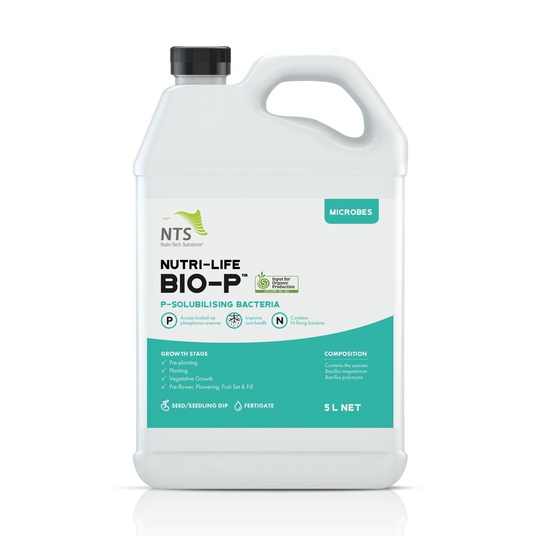 A photograph of NTS Nutri-Life Bio-P microbial fertiliser in 5 L container on transparent background