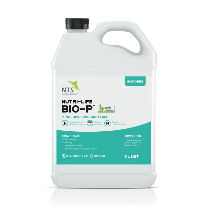 A photograph of NTS Nutri-Life Bio-P microbial fertiliser in 5 L container on transparent background