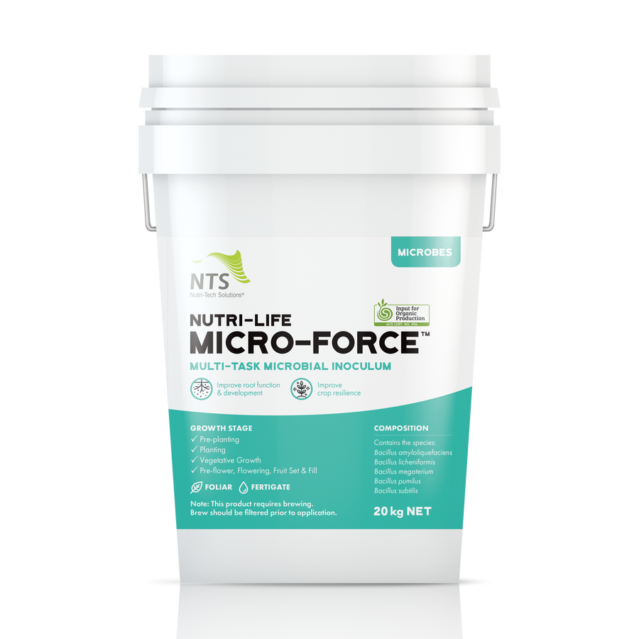 A photograph of NTS Nutri-Life Micro-Force microbial inoculum for agriculture in 20 kg container on transparent background.