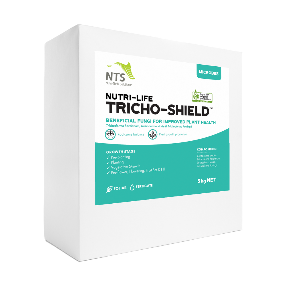 A photograph of NTS Nutri-Life Tricho-Shield microbial fertiliser in a 5 kg container on a transparent background