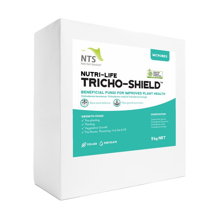A photograph of NTS Nutri-Life Tricho-Shield microbial fertiliser in a 5 kg container on a transparent background