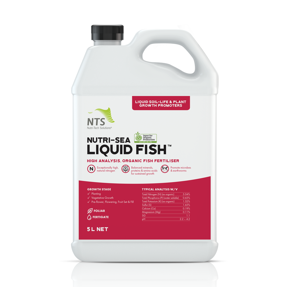 A photograph of NTS Nutri-Sea Liquid Fish liquid soil-life and plant growth promoter fertiliser in a 5 L container on transparent background