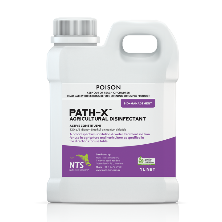 A photograph of NTS Path-X bio-management in 1 L container on transparent background.