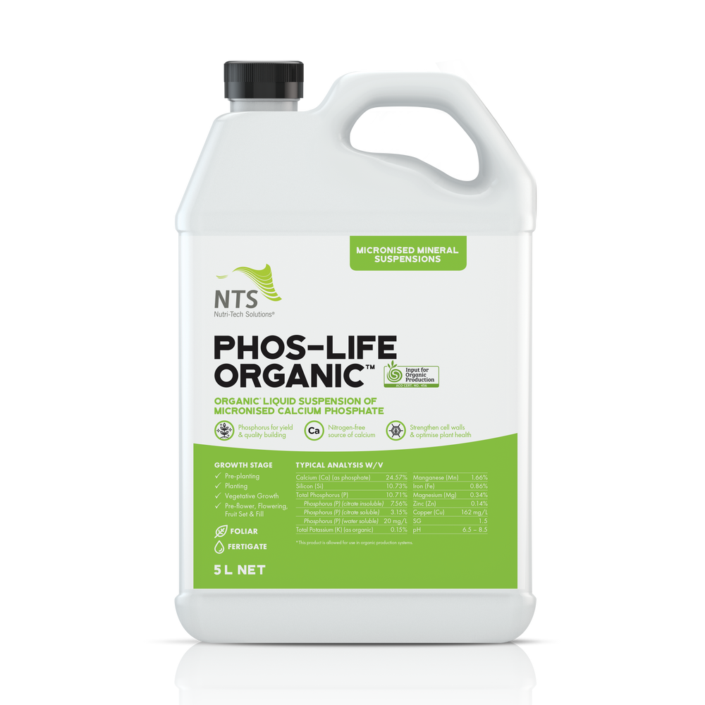 A photograph of NTS Phos-Life Organic MMS micronised mineral suspension fertiliser in a 5 L container on transparent background