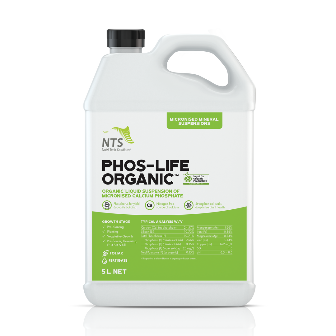 A photograph of NTS Phos-Life Organic MMS micronised mineral suspension fertiliser in a 5 L container on transparent background