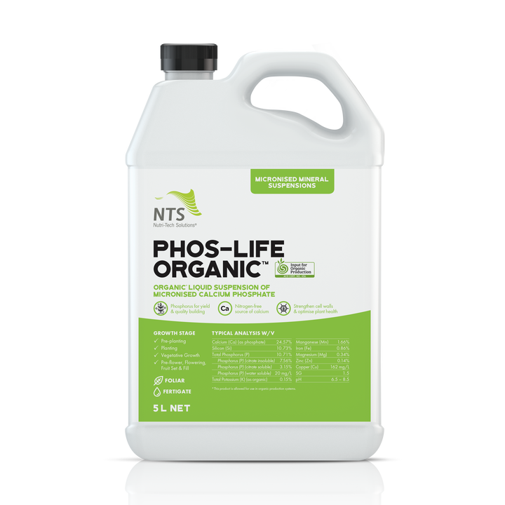 A photograph of NTS Phos-Life Organic MMS micronised mineral suspension fertiliser in a 5 L container on transparent background