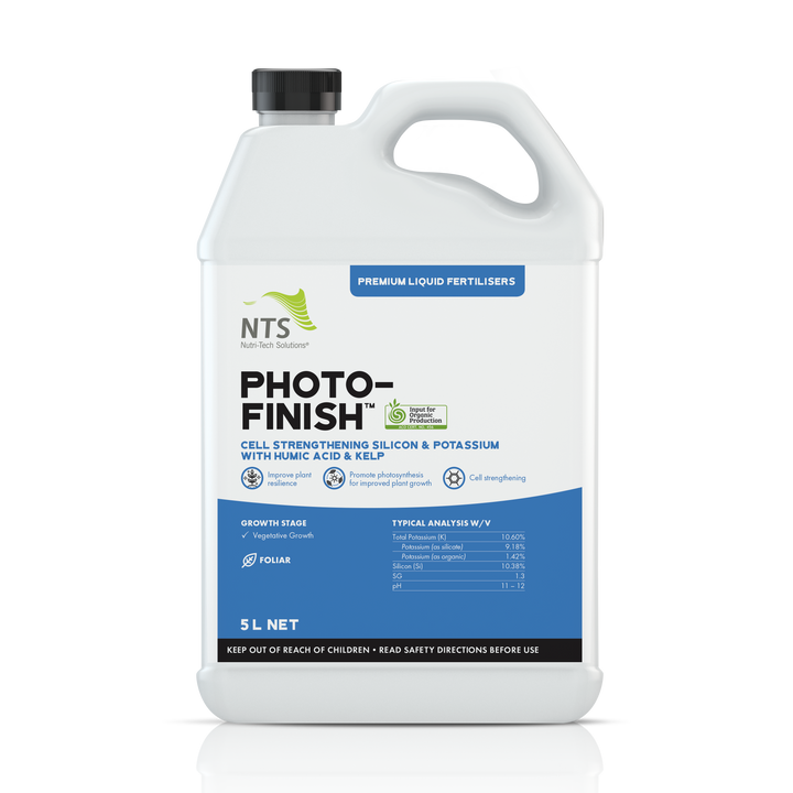 A photograph of NTS Photo-Finish premium liquid fertiliser in a 5 L container on transparent background
