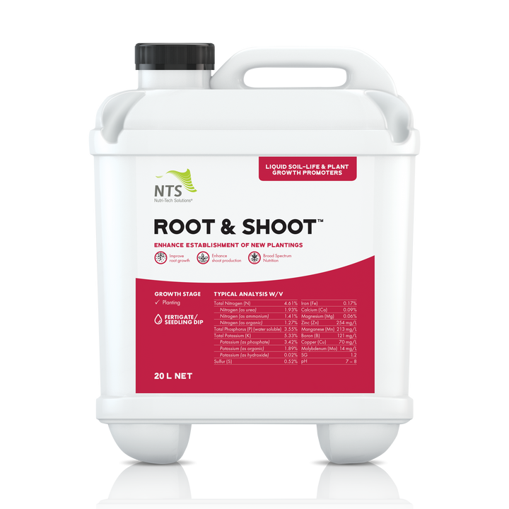 A photograph of NTS Root and Shoot liquid soil-life and plant growth promoter fertiliser in a 20 L container on transparent background