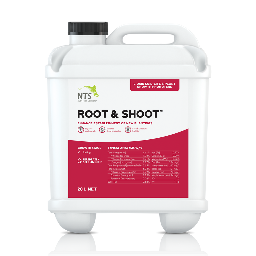 A photograph of NTS Root and Shoot liquid soil-life and plant growth promoter fertiliser in a 20 L container on transparent background