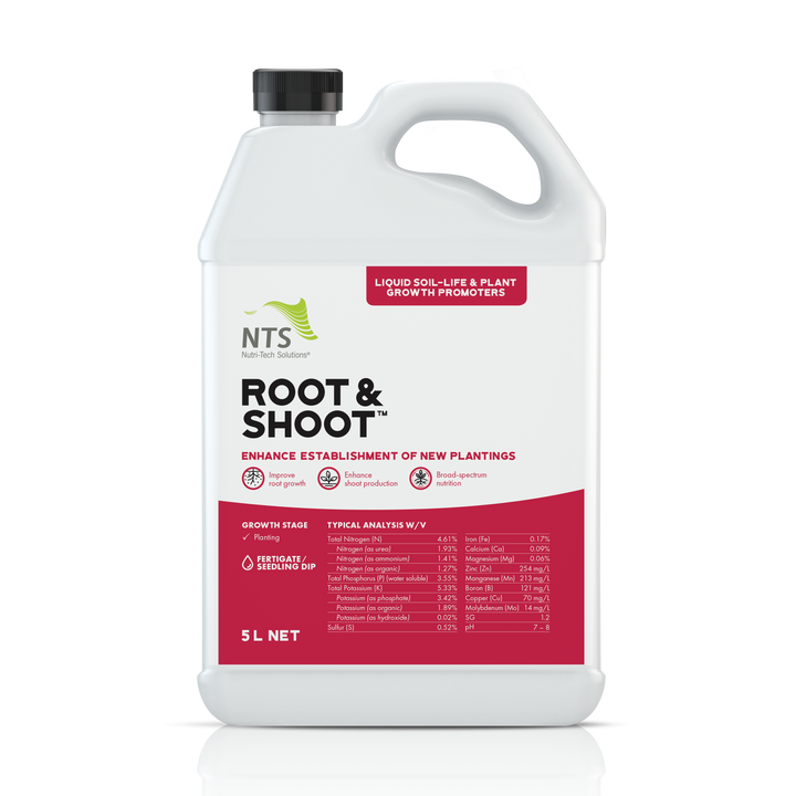 A photograph of NTS Root and Shoot liquid soil-life and plant growth promoter fertiliser in a 5 L container on transparent background