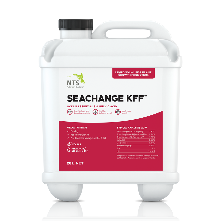 A photograph of NTS SeaChange KFF liquid soil-life and plant growth promoter fertiliser in a 20 L container on transparent background