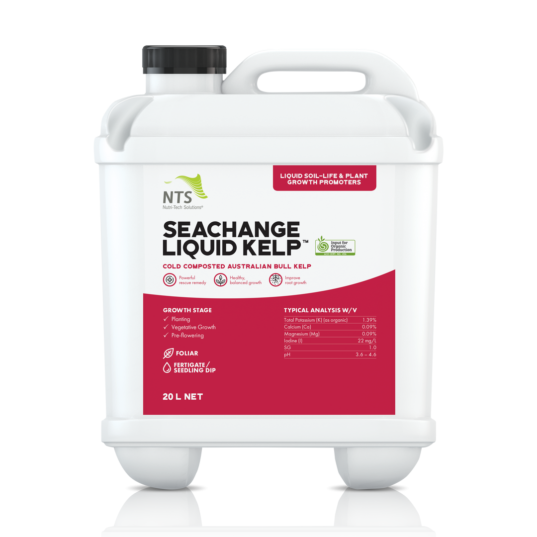 A photograph of NTS SeaChange Liquid Kelp liquid soil-life and plant growth promoter fertiliser in a 20 L container on transparent background