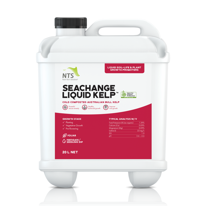 A photograph of NTS SeaChange Liquid Kelp liquid soil-life and plant growth promoter fertiliser in a 20 L container on transparent background