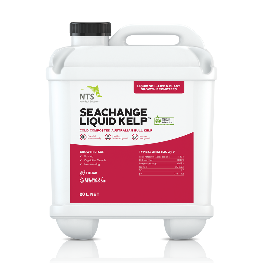 A photograph of NTS SeaChange Liquid Kelp liquid soil-life and plant growth promoter fertiliser in a 20 L container on transparent background