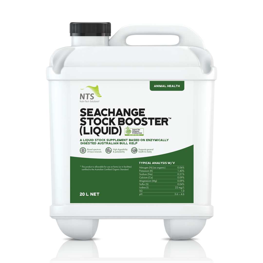  A photograph of NTS SeaChange Stock Booster (Liquid) animal health in 20 L container on transparent background.