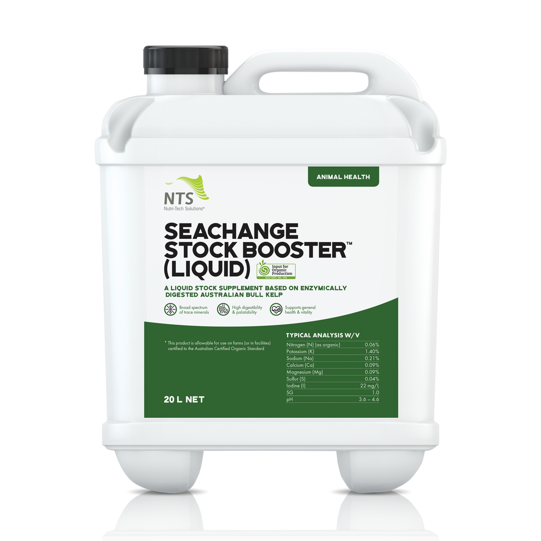 A photograph of NTS SeaChange Stock Booster (Liquid) animal health in 20 L container on transparent background.
