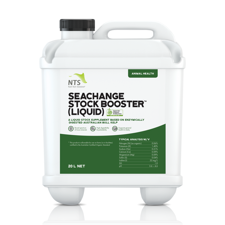 A photograph of NTS SeaChange Stock Booster (Liquid) animal health in 20 L container on transparent background.